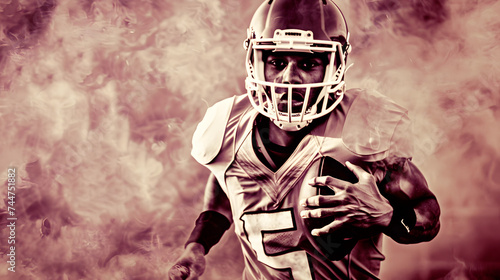 An intense football player in full gear focuses on the game as he emerges from a cloud of smoke, ready for action. 