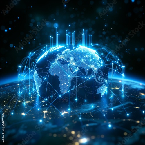 Blue digital world map with network lines and data points, representing global trade, communication, and information technology