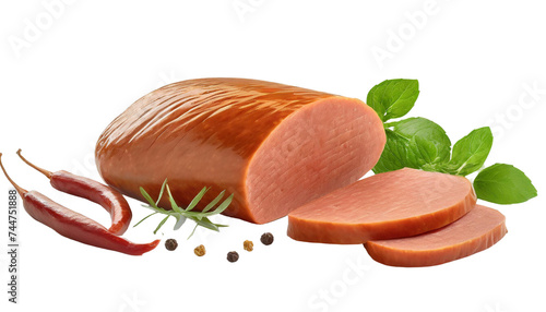 smoked sausage with spices and herbs isolated on transparent background