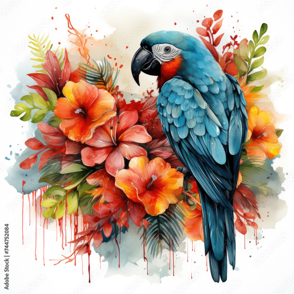 Obraz premium watercolor tropical summer frame with birds flower clipart, Generative Ai
