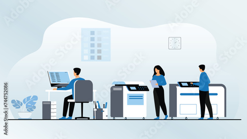 Print Shop Illustration with Production Process at Printing House and Machines for Operating big File Printers in Flat Style Cartoon
