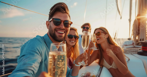 Group of friends having fun together and drinking champagne while sailing in the sea on luxury yacht, Traveling and yachting concept © Ameer