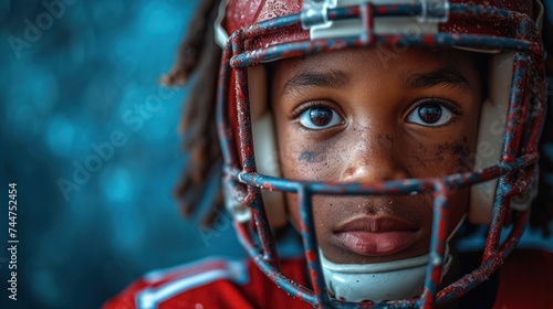  a close up of a young child wearing a football helmet and making a face with his tongue sticking out and eyes wide open, with a blurry background of blue.