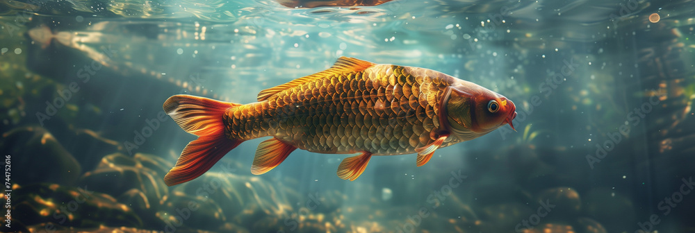 Golden Carp Swimming in a Sunlit Water Body Golden Carp Swimming in a Sunlit Water Body