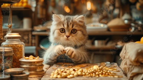  a cat sitting at a table with a bunch of food in front of it and a bunch of jars on the side of the table in front of the room. © Mikus