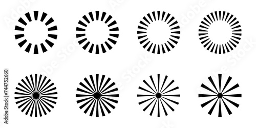 Collection of simple black sunbursts isolated on transparent background – Set of minimalist radial frames and round ray patterns photo