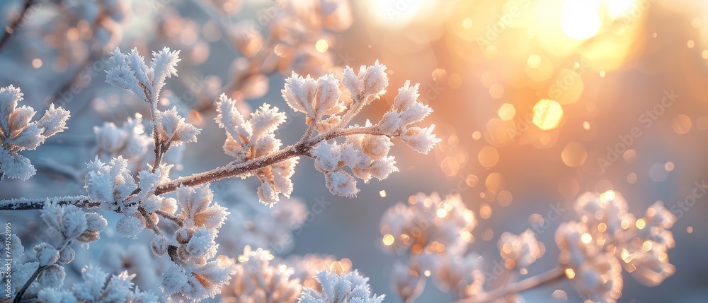 Tree branches covered in snow, close-up shot highlighting the beauty of seasonal trees in winter, soft morning light. - obrazy, fototapety, plakaty 