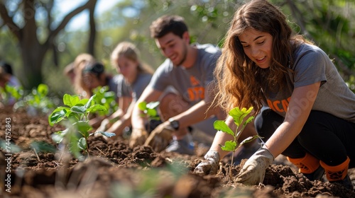 Student group planting trees on campus, embodying climate action and environmental education, vibrant college grounds, teamwork spirit