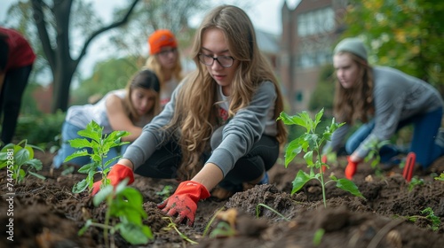 Student group planting trees on campus embodies climate action, environmental education, vibrant college grounds, teamwork spirit.