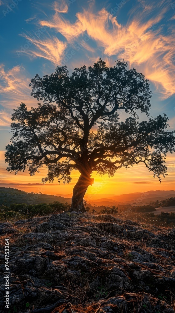 The ancient tree silhouette at sunset showcases tree art, serene forest preservation, and wildlife habitat.