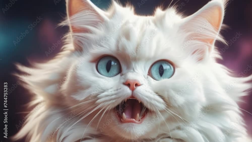 The cat looks with big eyes, is surprised and indignant, meows. cyclic rendering