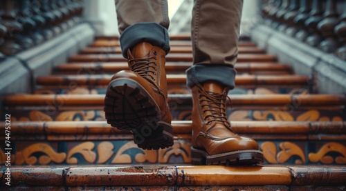 person walking on stairs, brown boots, winter scene, autumn