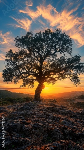 The ancient tree silhouette at sunset showcases tree art  serene forest preservation  and wildlife habitat.