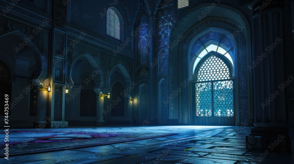 Fototapeta premium Moon light shining through a mosque window, A beautiful mosque view, Islamic backgrounds