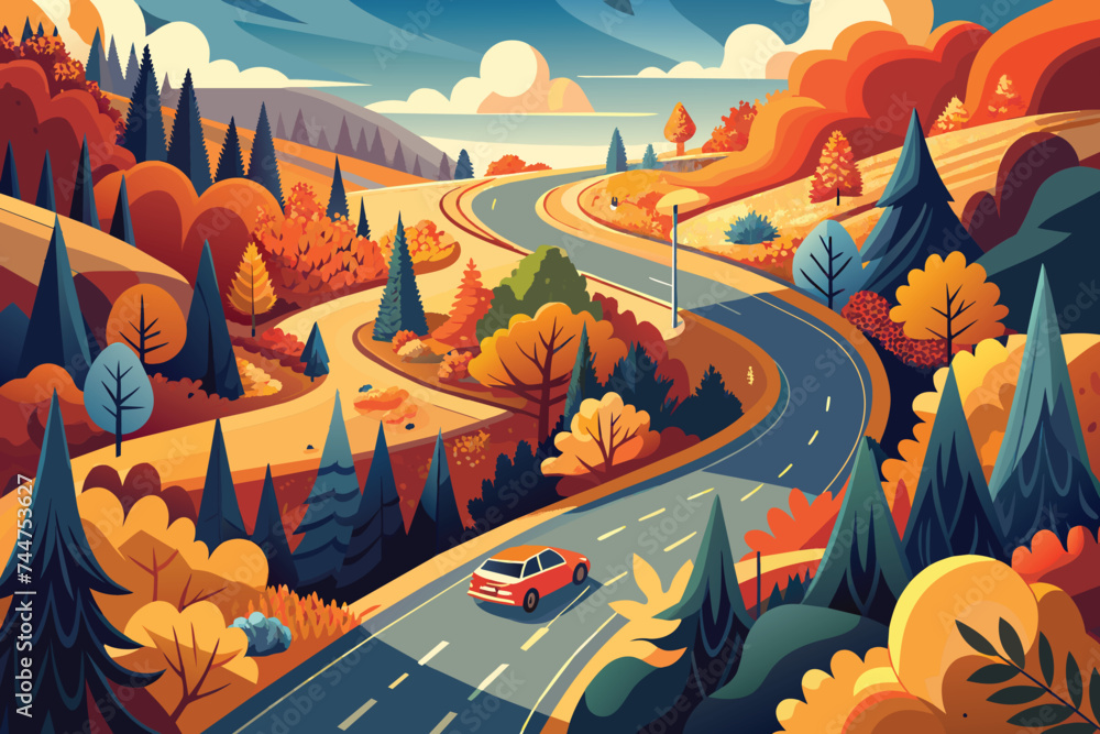 Aerial view on a car driving on idyllic winding country road. Mixed forest in autumn colours. vector illustration
