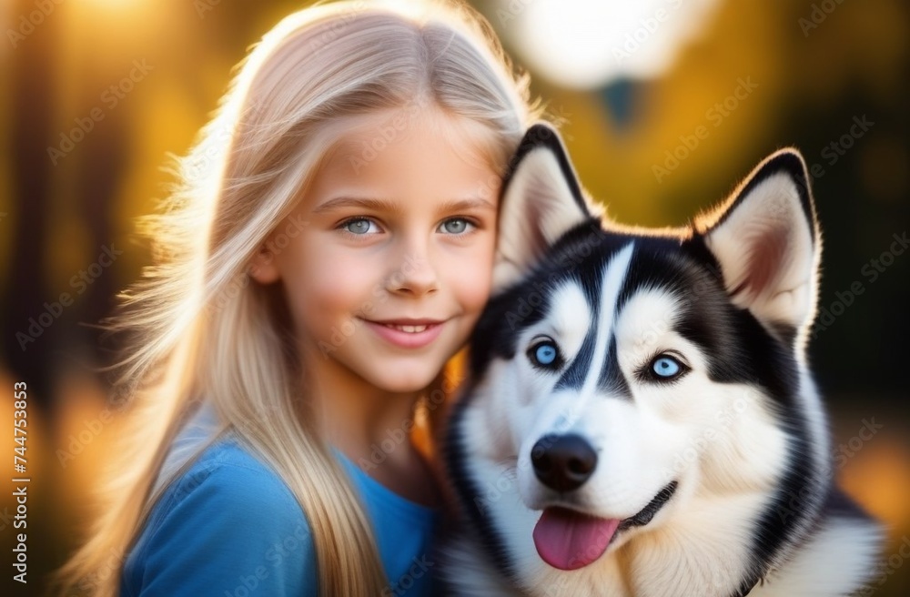 Photorealistic portrait of a little blond beauty and her beloved Husky Photorealistic portrait of a little blond beauty and her beloved Husky