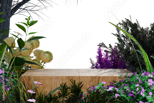 Fototapeta Naklejka Na Ścianę i Meble -  3d rendering Wooden product display podium with green nature garden background. abstract background for cosmetic product. Organic cosmetic and food concept. 3d rendering.