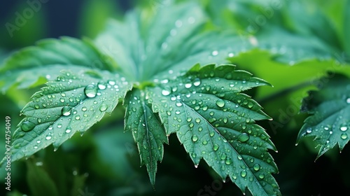 Green cannabis leaves with dew drops against blurred nature background in early morning mist