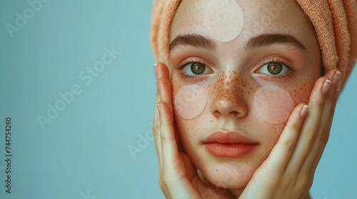 a girl holds her hands near her face, does beauty procedures, a moisturizing mask on her face, round patches under the eyes and on the forehead