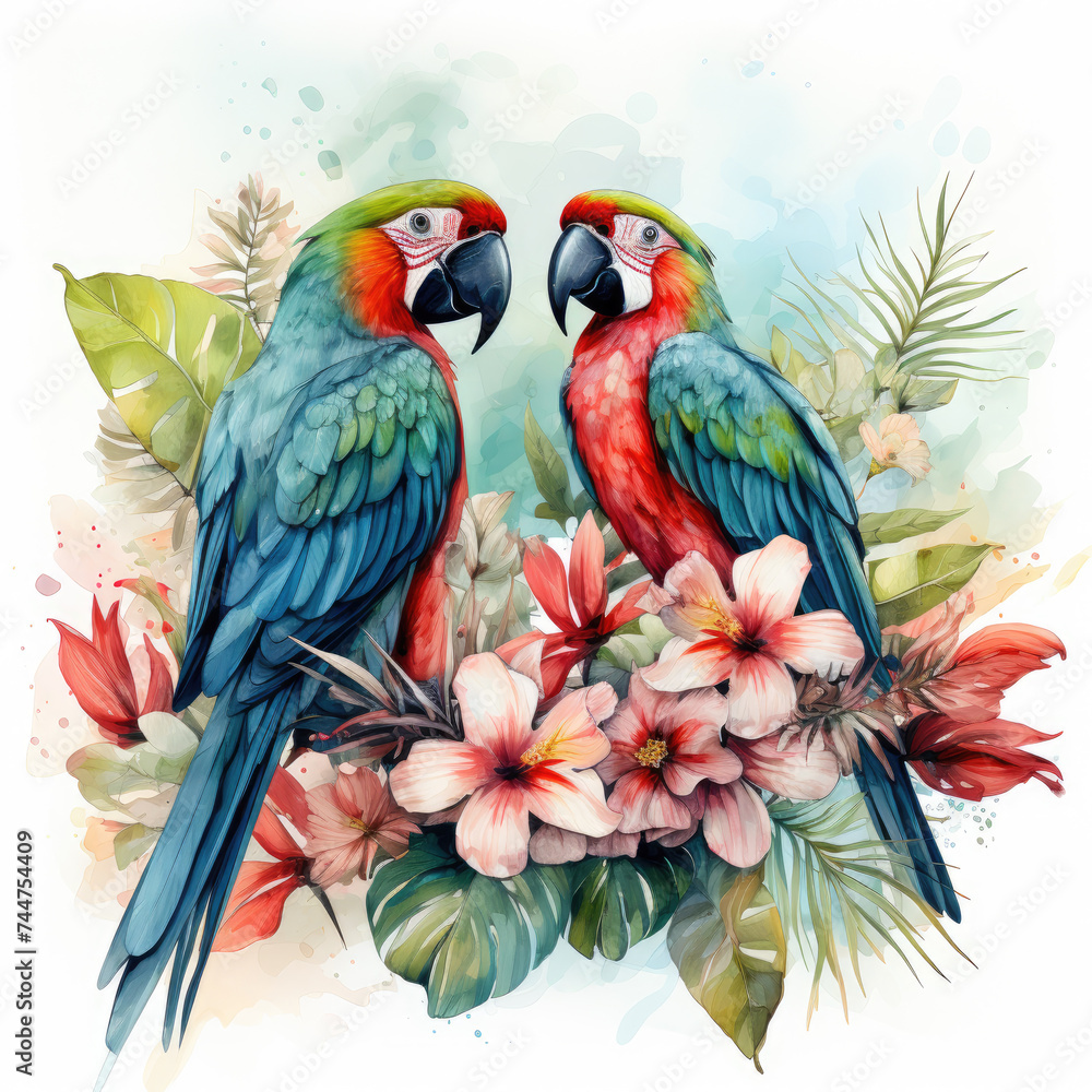 Obraz premium watercolor tropical summer frame with birds flower clipart, Generative Ai