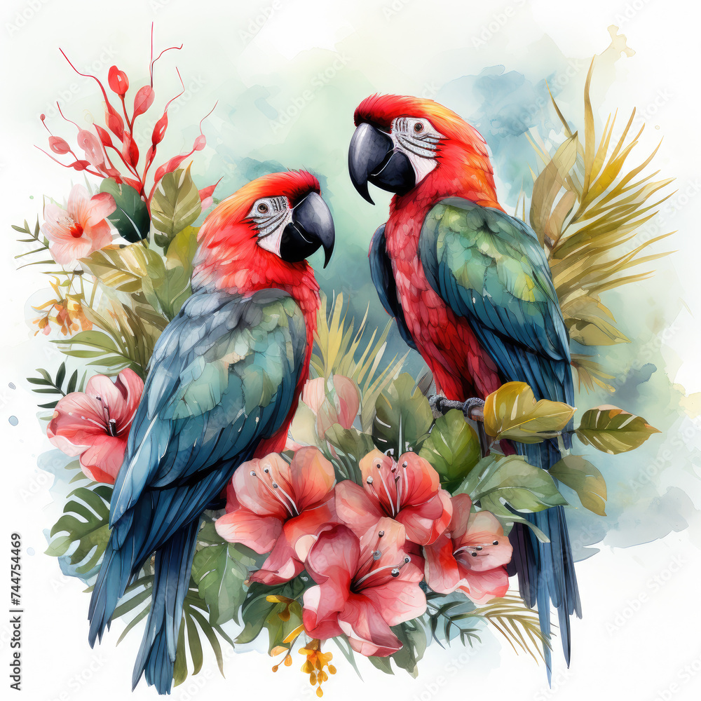 Obraz premium watercolor tropical summer frame with birds flower clipart, Generative Ai