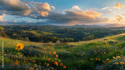 A panoramic view of rolling hills blanketed in wildflowers, under a sprawling, cloud-streaked sky, the essence of spring's expansive beauty, peace, and vibrant life, high resolution, realistic
