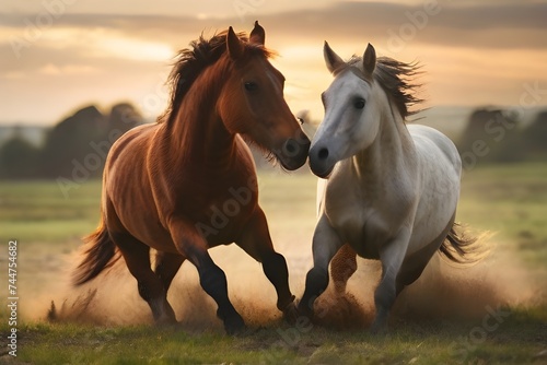 Two horses are running through a field  with one horse appearing to nip or bite the other horse s face. The horses have their heads close together and are facing each other in an intense moment of int
