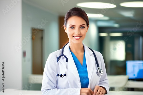 Doctor in gown, with stethoscope on neck, in medical office.