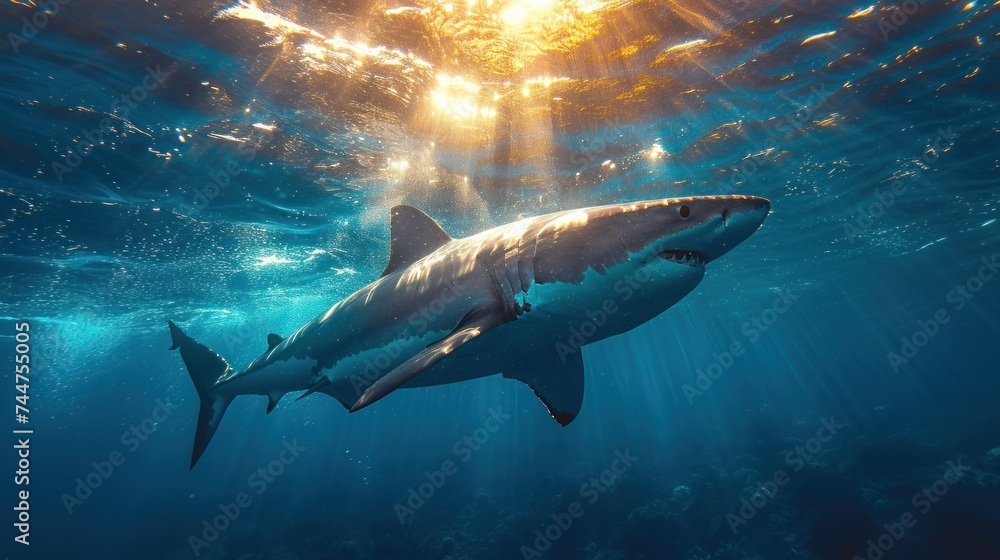  a great white shark swims under the water's surface in the open ocean, with sunlight streaming through the water's surface and shining on the water's surface.