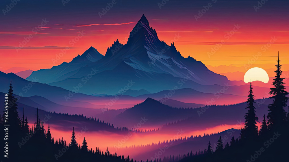 Dramatic red sunset in mountains.  Silhouettes of mountains and trees. Vector style illustration - obrazy, fototapety, plakaty 