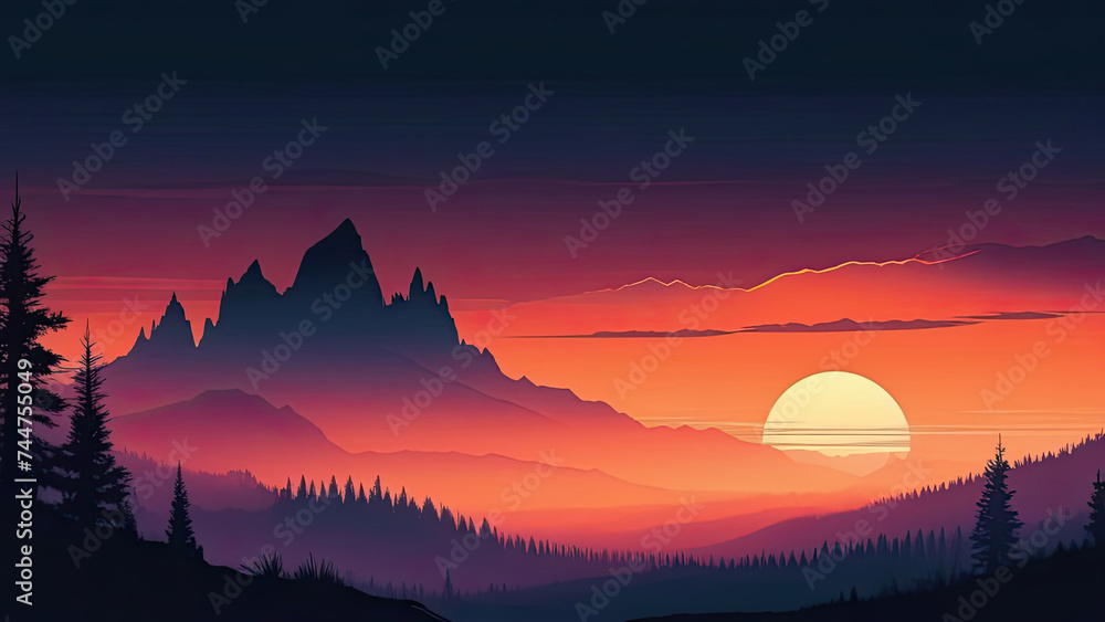 Dramatic red sunset in mountains.  Silhouettes of mountains and trees. Vector style illustration - obrazy, fototapety, plakaty 