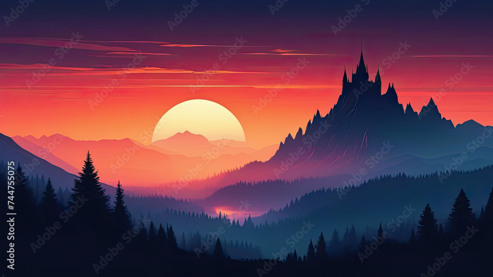 Dramatic red sunset in mountains.  Silhouettes of mountains, castle and trees. Vector style illustration - obrazy, fototapety, plakaty 