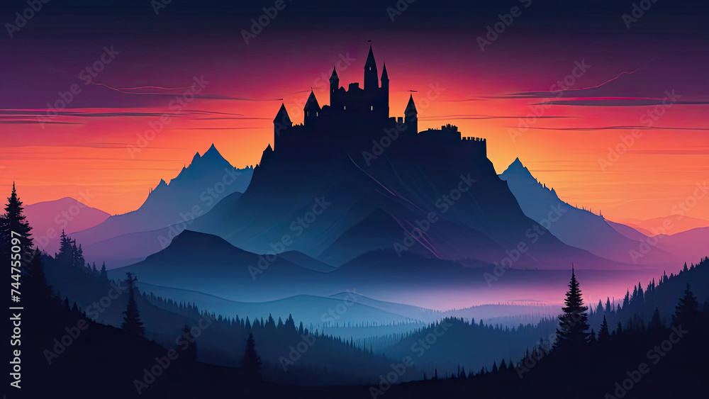 Dramatic red sunset in mountains.  Silhouettes of mountains, castle and trees. Vector style illustration