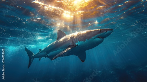  a great white shark swims under the water's surface in the open ocean, with sunlight streaming through the water's surface and shining on the water's surface.
