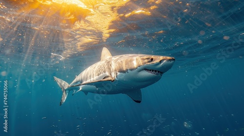  a great white shark swims beneath the surface of the water with sunlight shining on it's back and it's head above the water's surface.