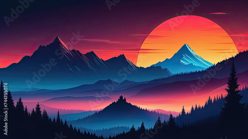 Dramatic red sunset in mountains. Silhouettes of mountains, castle and trees. Vector style illustration