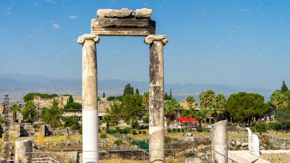Ancient city Hierapolis or Holy City near of Pamukkale or Cotton Castle. Phrygian cult center of Anatolian mother goddess of Cybele