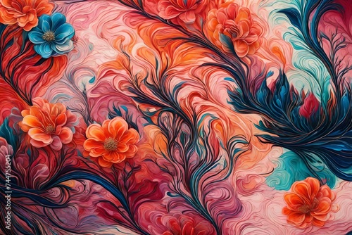 An artistic depiction of vibrant liquid interplay on a minimalist canvas, with flower motifs providing a subtle yet captivating background photo