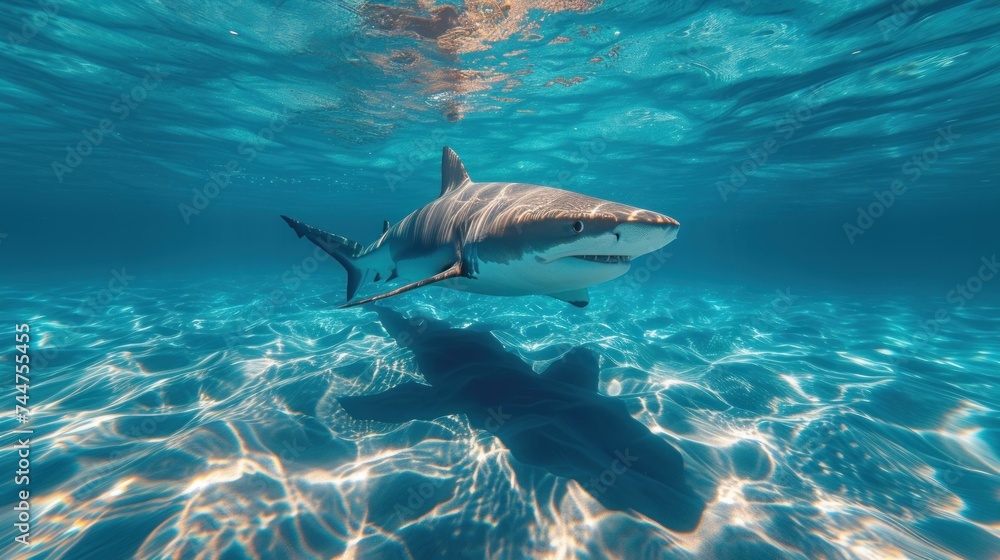 Obraz premium a great white shark swims under the water's surface in a blue ocean with sunlight shining on the water's surface and a person swimming in the foreground.