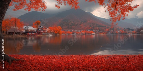 Autumn Serenity at Lakeside with Vibrant Foliage and Mountain Backdrop in Tranquil Panoramic Setting