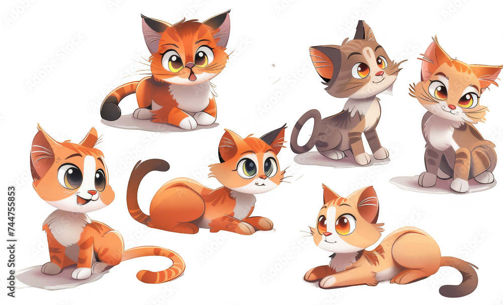 Collection of playful cartoon kittens in various colors and poses, perfect for pet illustrations, children's content, or animated projects.