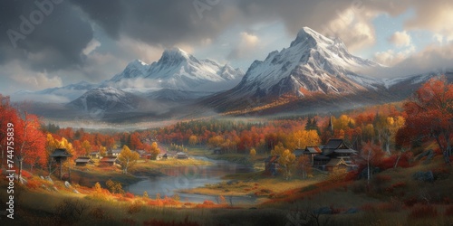 Expansive Autumn Landscape with Snow-Capped Mountains and Colorful Trees Reflecting in Calm Lake