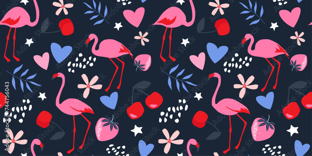 Seamless pattern with flamingos, summer fruits, hearts, flowers. Vector graphics. Seamless pattern with flamingos, summer fruits, hearts, flowers. Vector graphics.