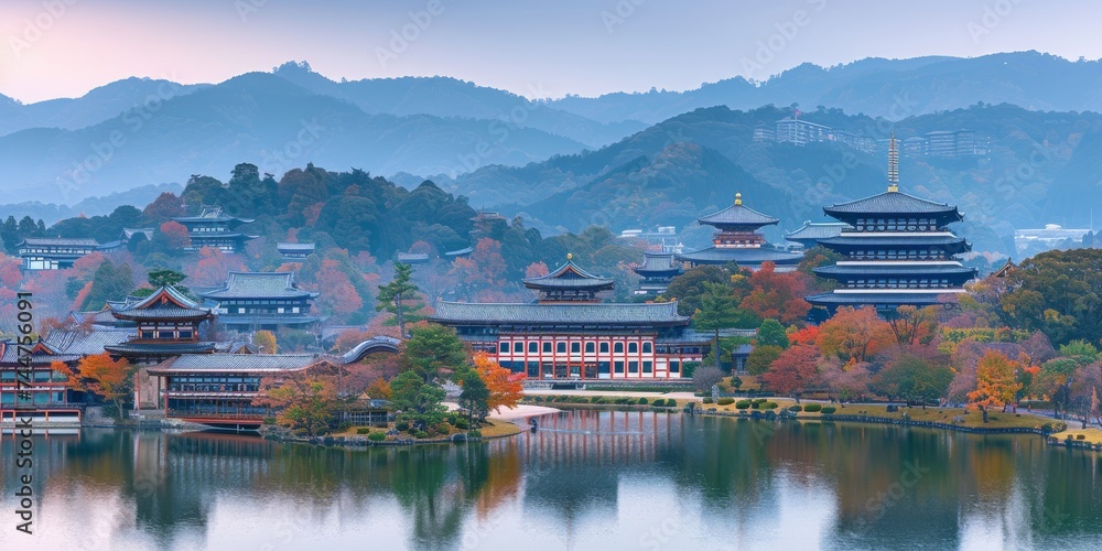 Fototapeta premium Panoramic View of Japanese Pagodas and Historic Buildings by the Lake, Surrounded by Autumn Colors and Distant Hills