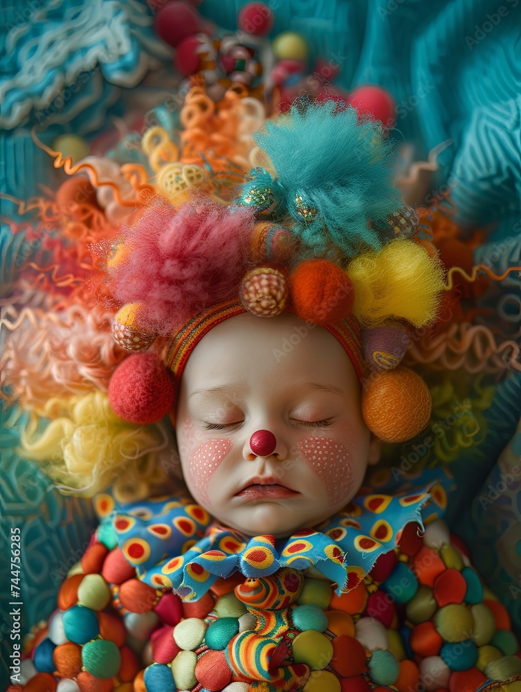 Fototapeta premium A baby with a stern expression wearing a vibrant, multicolored knitted hat and sweater against a warm yellow background.