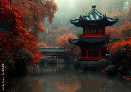 Mystical Japanese Pagoda in an Autumn Forest, Surreal Red Leaves and Fog, Traditional Architecture in a Magical Setting