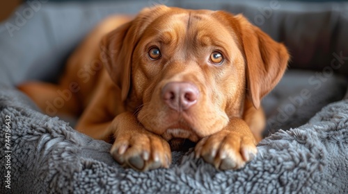  a close up of a dog laying on a bed with it's paws on the edge of the dog bed and looking off to the side of the camera.