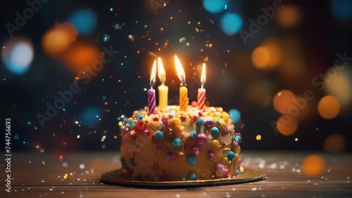 Colorful birthday cake with candles, perfect for celebrations. photo