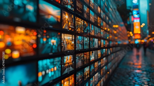 A multitude of vibrant screens in a curved display showing various news and media broadcasts in a monitoring room