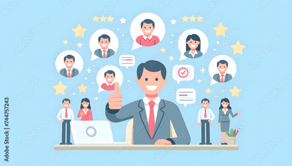 a cheerful, flat design illustration of a professional setting, featuring a central male character giving a thumbs-up a cheerful, flat design illustration of a professional setting, featuring a central male character giving a thumbs-up
